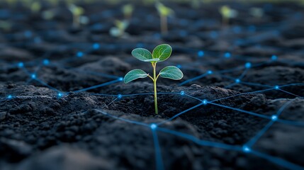 Fresh green plant emerging from dark soil with glowing network connections symbolizing technology and nature