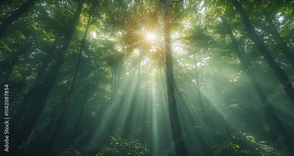 Poster A dense forest with sunlight filtering through the trees, creating an enchanting.