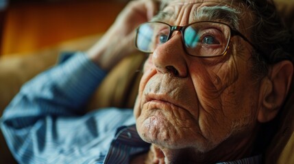 An elderly man in a deep blue shirt and tie sits contemplatively on a couch, his eyes half-closed. The dim lighting enhances the scene's emotional depth and quiet atmosphere.