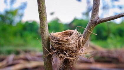 Obraz premium 벌목된 숲 근처에 남아 있는 나뭇가지 위 작은 새둥지