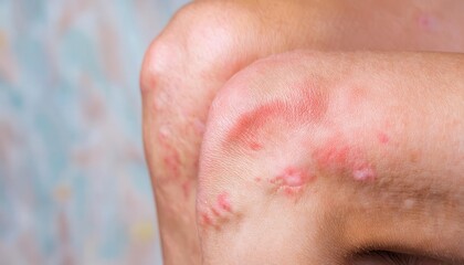 Fototapeta premium Close-Up of Red, Inflamed, Itchy Allergic Rash on Human Skin with Irritation, Dryness, and Visible Red Bumps Indicating Allergic Reaction or Skin Condition Like Eczema, Dermatitis, or Hives