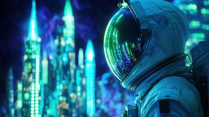 Astronaut futuristic city neon lights