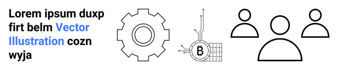 Black gear, bitcoin chip, and group figures in minimalist style next to text. Ideal for technology, cryptocurrency, networking, industrial design, business modules, team management, educational