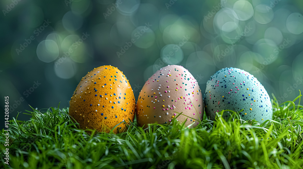 Poster group of painted eggs are sitting on a green field. the eggs are of different colors and sizes, and 