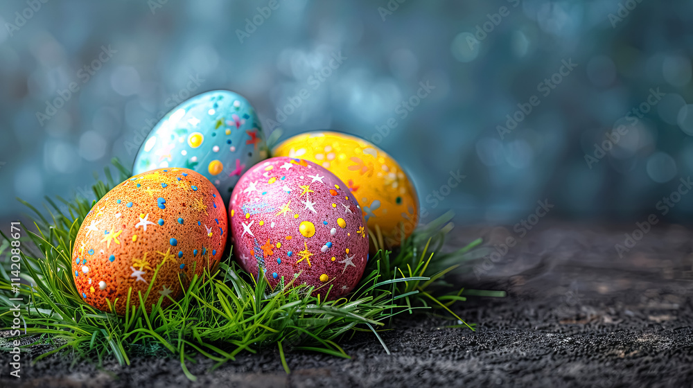 Poster group of painted eggs are sitting on a green field. the eggs are of different colors and sizes, and 
