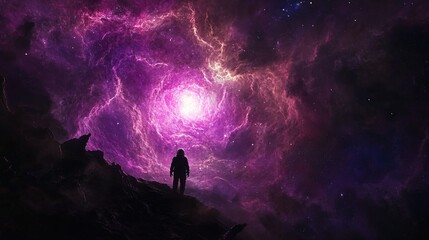 Fototapeta premium Silhouette of Person Contemplating a Cosmic Nebula