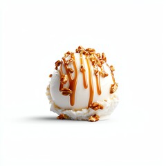 A scoop of vanilla ice cream topped with crunchy nuts and drizzled caramel, creating a delightful and indulgent dessert.