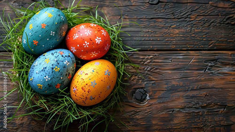 Poster group of painted eggs are sitting on a green field. the eggs are of different colors and sizes, and 