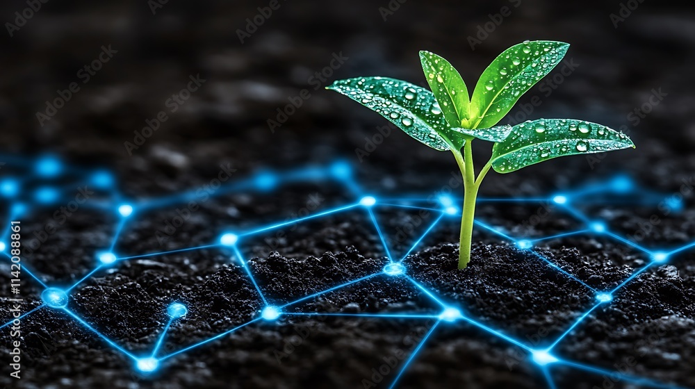 Poster fresh green plant with dew on soil surface and digital network connection representing technology an