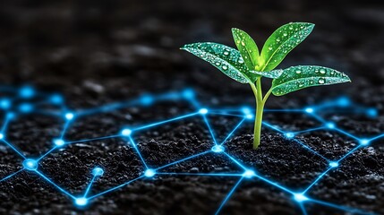 Fresh Green Plant with Dew on Soil Surface and Digital Network Connection Representing Technology and Nature