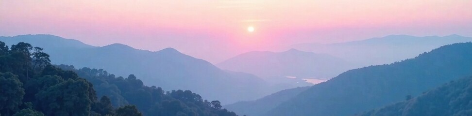 Fototapeta premium Gradual color transition in a misty mountain landscape, misty atmosphere, foggy morning, pastel colors