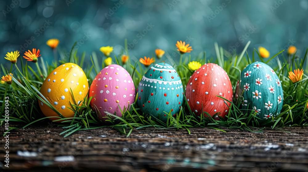 Poster group of painted eggs are sitting on a green field. the eggs are of different colors and sizes, and 
