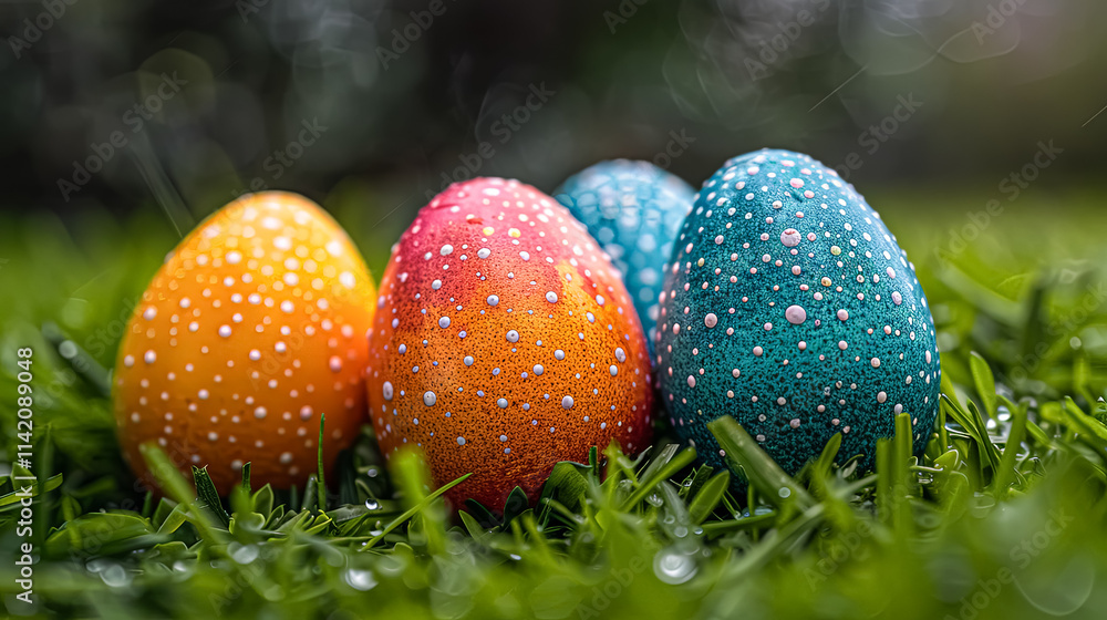 Poster group of painted eggs are sitting on a green field. the eggs are of different colors and sizes, and 