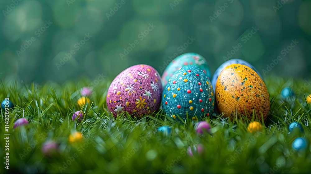 Poster group of painted eggs are sitting on a green field. the eggs are of different colors and sizes, and 