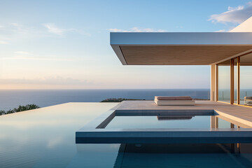 Fototapeta premium A minimalist villa featuring a pool and an expansive ocean view on the horizon 