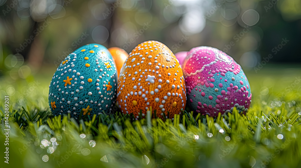 Poster group of painted eggs are sitting on a green field. the eggs are of different colors and sizes, and 