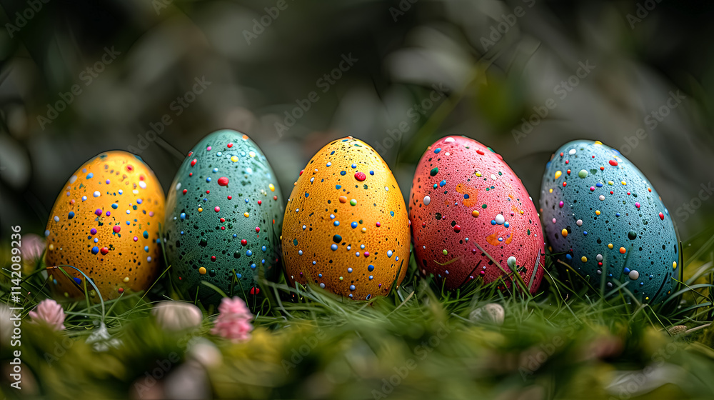 Poster group of painted eggs are sitting on a green field. the eggs are of different colors and sizes, and 