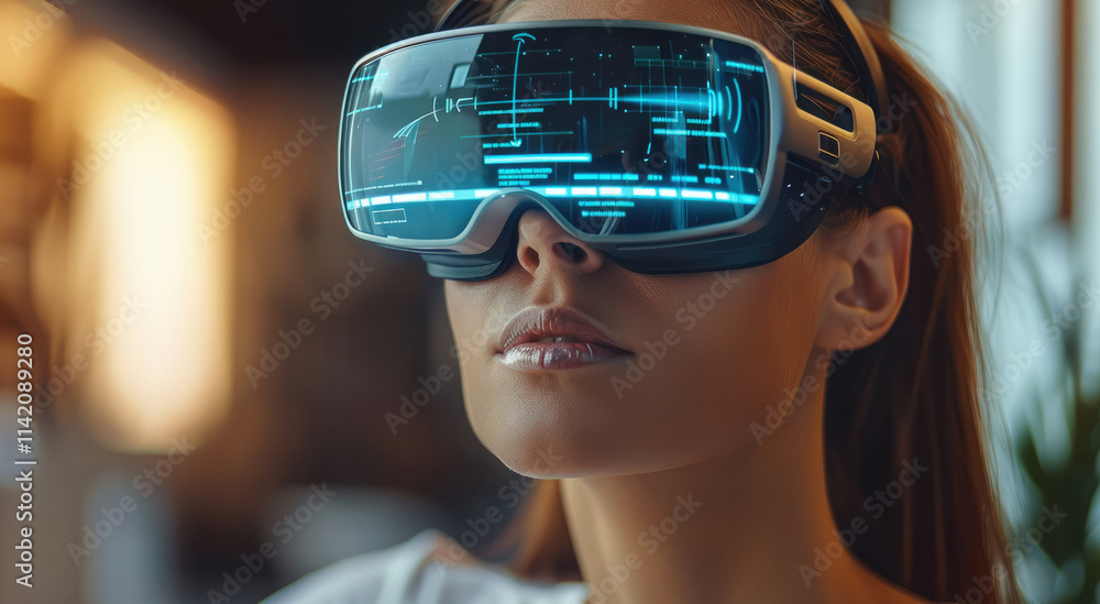 Poster women wear vr glasses, technology internet development concepts allow the creation of immersive 3d w