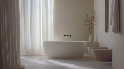 A serene minimalist bathroom with neutral tones, a clean and open space, and sleek, modern fixtures for ultimate relaxation.