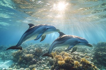 Obraz premium Pair of dolphins swimming near coral reef under sunlit water.