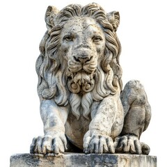 Naklejka premium Majestic stone lion statue resting on a pedestal, showcasing intricate details and a weathered appearance, isolated on a white background