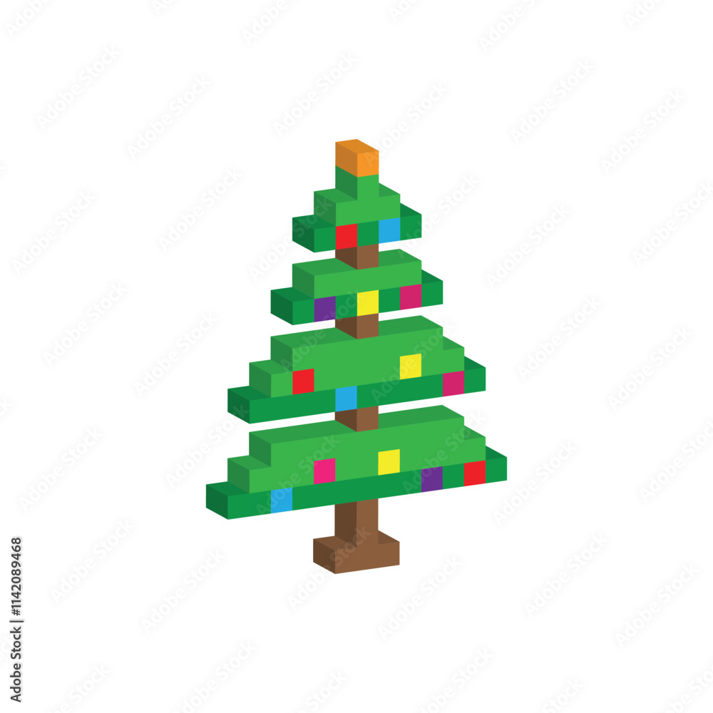 Poster isometric pixel art christmas tree vector icon pixel element for 8 bit game