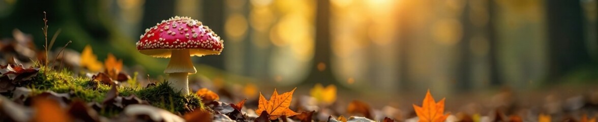 Fly agaric mushroom in autumn forest landscape, ForestLandscape, ForestBiomass, FungiInNature