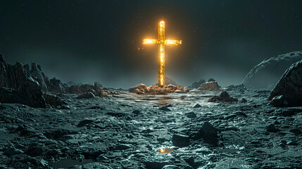 Cross is lit up in the sky above a rocky mountain. The sky is dark and stormy, with lightning bolts streaking across the sky. The scene is dramatic and intense