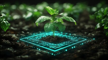 Futuristic Agricultural Technology with Sprouting Plant in Soil Highlighted by Digital Visual Elements