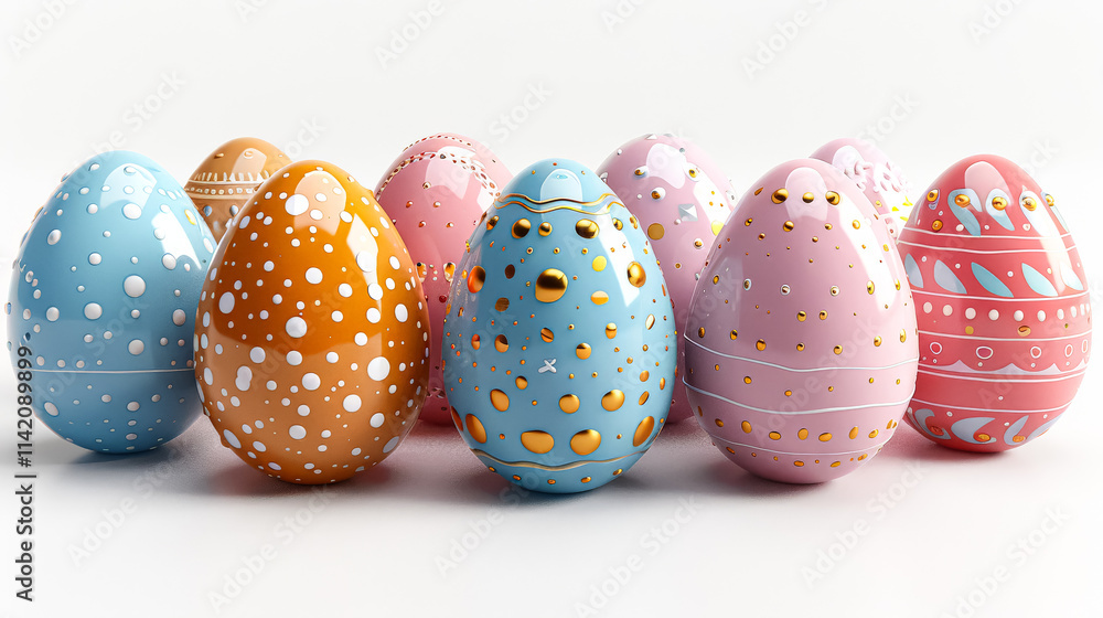 Poster row of colorful eggs with gold and pink designs. the eggs are arranged in a line, with some of them 