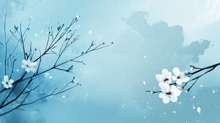 Delicate White Blossoms on Azure Branches Against a Sky