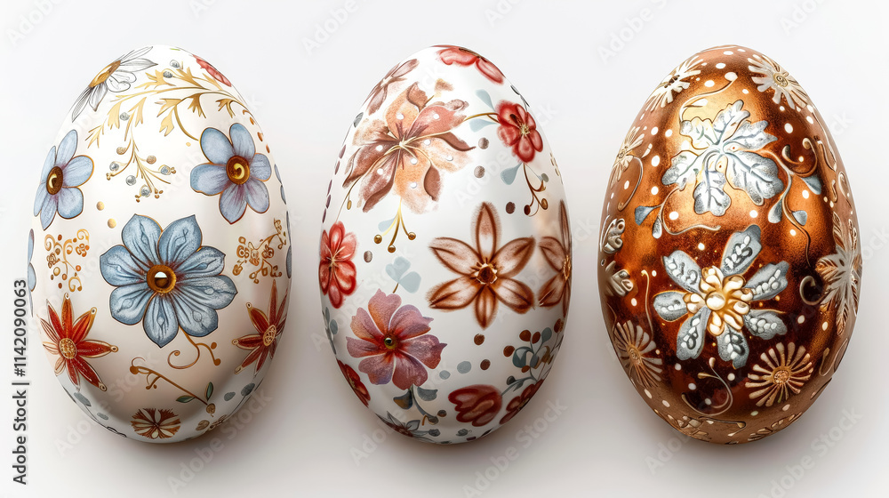 Poster three eggs with flowers on them. the eggs are different colors and sizes. they are arranged in a row