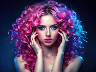 Fototapeta premium Low-lit portrait: Pink-haired model, vibrant curls, against a deep blue backdrop.