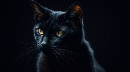 A black cat, graceful and elegant, intensely lit for dramatic effect, refined facial features, high contrast creating tension, focus on refined details