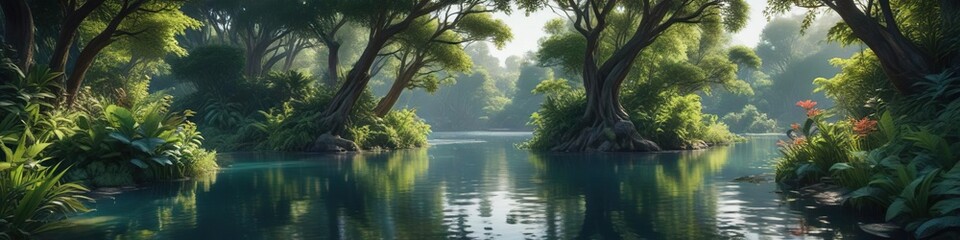 Dense foliage surrounds a tranquil blue waterway, calm, greenery, serenity