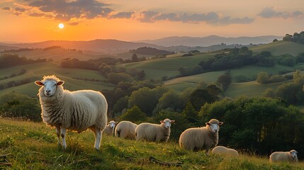 Obraz premium Idyllic countryside with grazing sheep and rolling hills