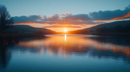 Fototapeta premium Serene Sunset Over Calm Lake Mountainscape