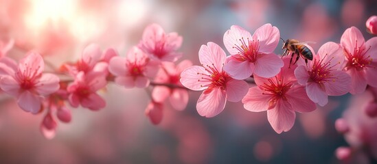 Pink cherry blossoms with a bee in sunlight.