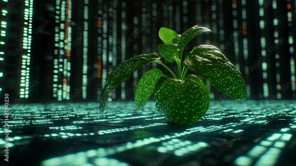 Poster futuristic green plant surrounded by glowing binary code in a sci-fi virtual environment