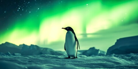 Fototapeta premium A majestic penguin stands on a snowy landscape under vibrant northern lights. This captivating image blends nature with wildlife. Perfect for showcasing the beauty of Antarctica. AI