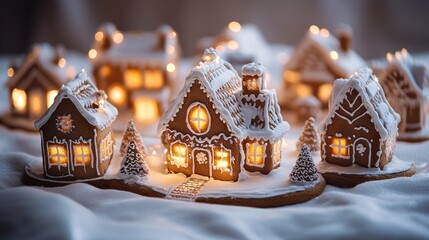 Gingerbread village illuminated with warm lights in snowy setting, charming holiday display, Christmas houses, festive winter decor, handcrafted seasonal art