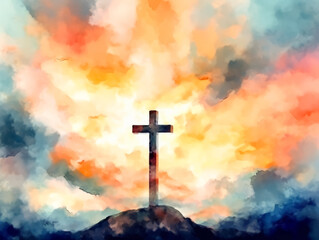 Fototapeta premium Painting of a cross with a sun in the sky. The sky is filled with clouds and the sun is shining brightly. The painting has a peaceful and serene mood, with the cross representing hope