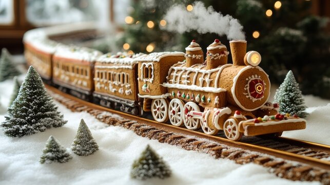 Festive gingerbread train with glowing lights on snowy track, decorated holiday scene, Christmas theme, sweet festive decor, winter confectionery art