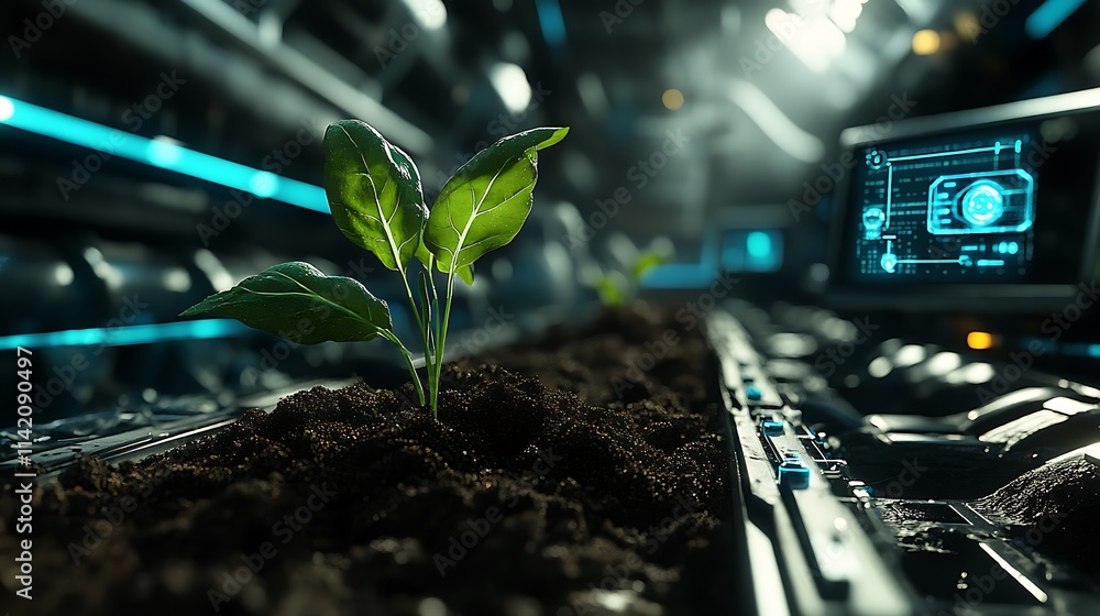 Aufkleber futuristic growth of green plants in high-tech laboratory with digital interfaces and advanced techn