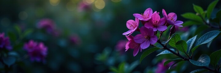 Obraz premium Dark purple flowers on a flowering bush with green leaves and a small tree shape, blooms at night, foliage