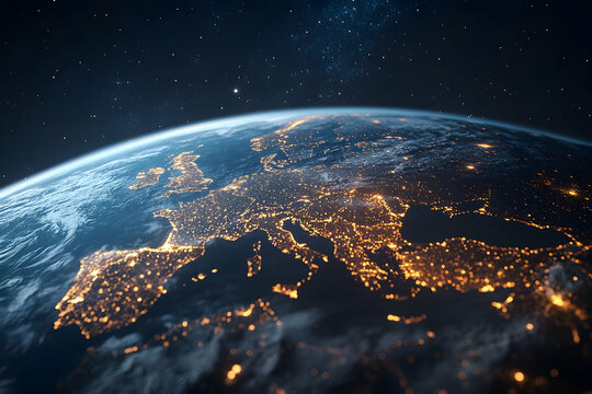 Nighttime View Of Europe From Space With City Lights Illuminating The Continent And Stars In The Sky. Generative AI