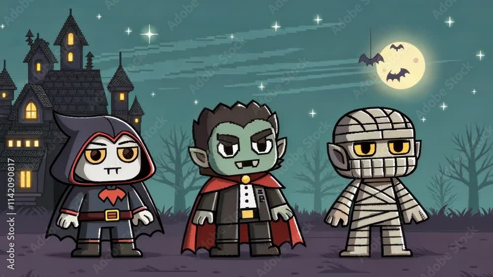Poster classic monsters displayed are pixelated characters styled after classic monsters like a vampire wit