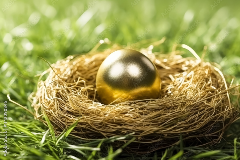 Poster gold ball is sitting in a nest made of grass. the nest is small and the ball is large, creating a se