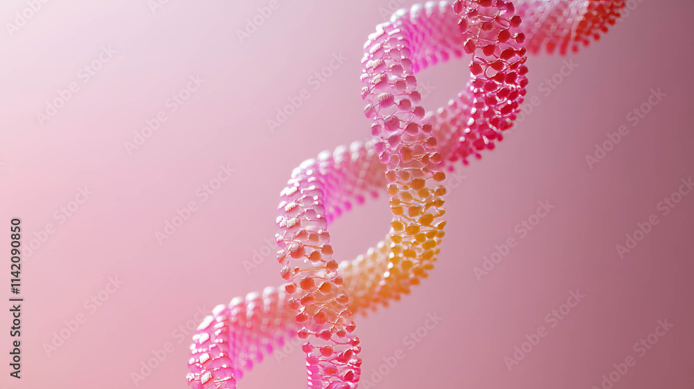 Poster the double helix of dna. the spiral is presented in pink and orange tones, creating a sense of depth