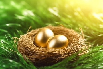 Obraz premium Nest of two golden eggs sits on a green field. The eggs are surrounded by a wire basket, which is made of brown twigs. The basket is placed on the grass